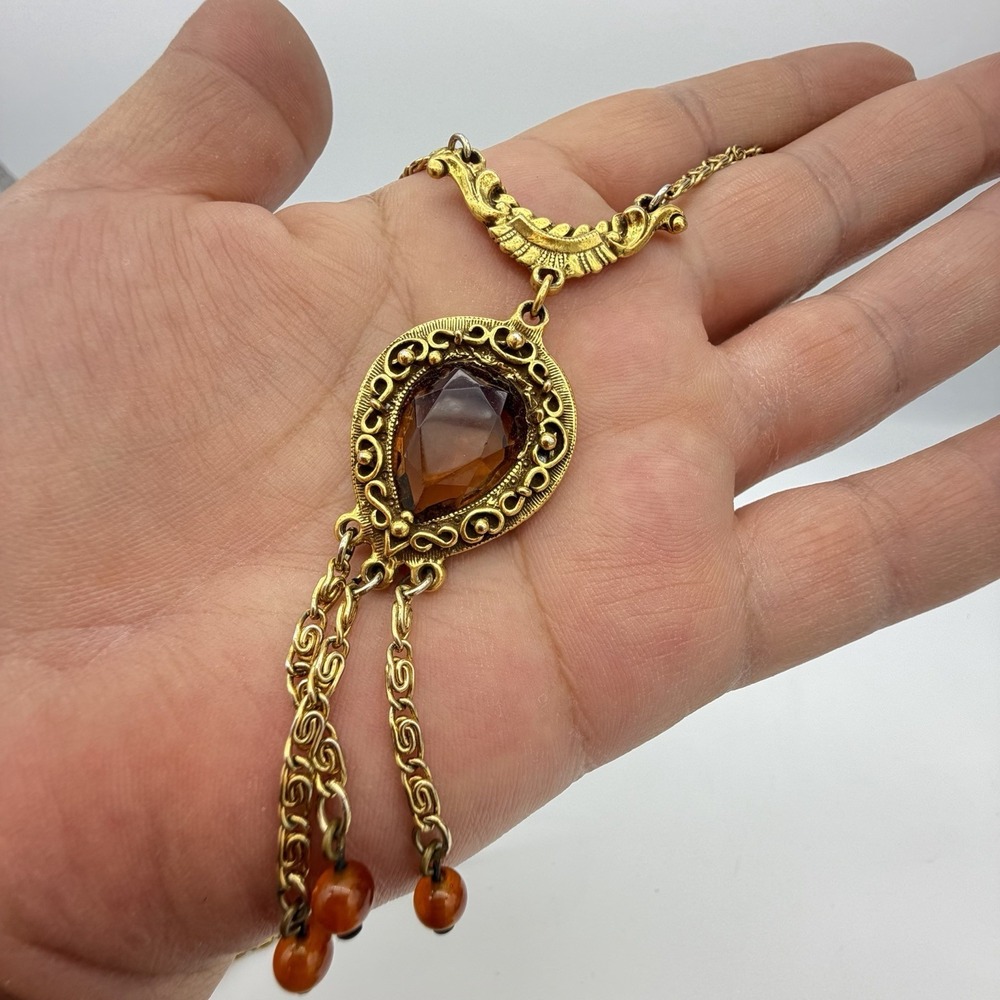 Vtg Signed Goldette Topaz Glass‎ Pendant Necklace Victorian Revival Tassels